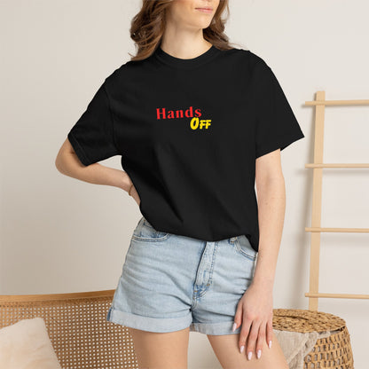 Hands Off T-Shirt — Bold Red & Yellow Graphic Tee