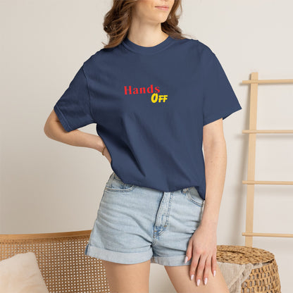 Hands Off T-Shirt — Bold Red & Yellow Graphic Tee