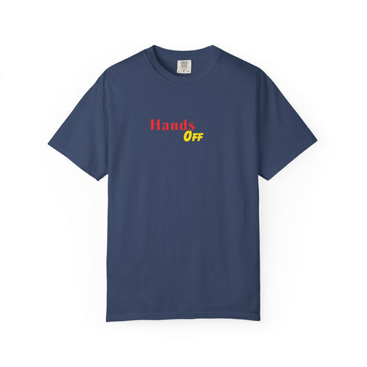 Hands Off T-Shirt — Bold Red & Yellow Graphic Tee