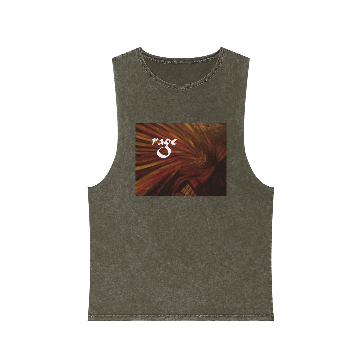 Sleeveless Tank Top Black or Moss Stonewash with "Rage" by Mark Baryla of San Diego