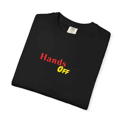Hands Off T-Shirt — Bold Red & Yellow Graphic Tee