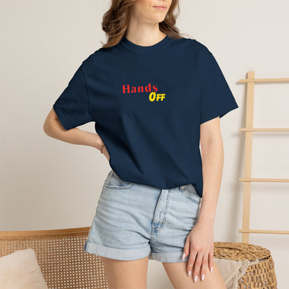 Hands Off T-Shirt — Bold Red & Yellow Graphic Tee